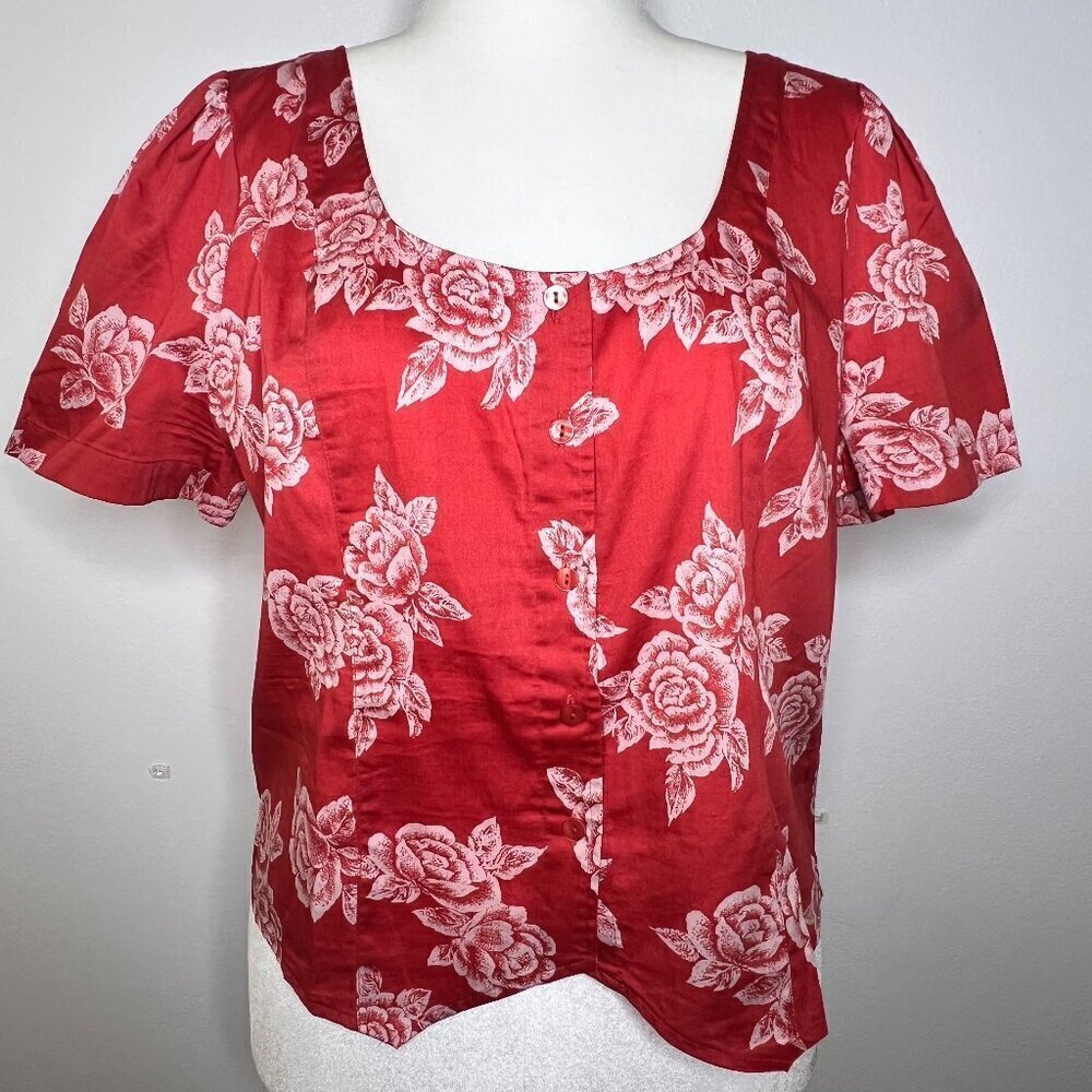 Modcloth Womens Top XL Red Floral Button Up Cotton Puff Sleeves Lightweight NWOT